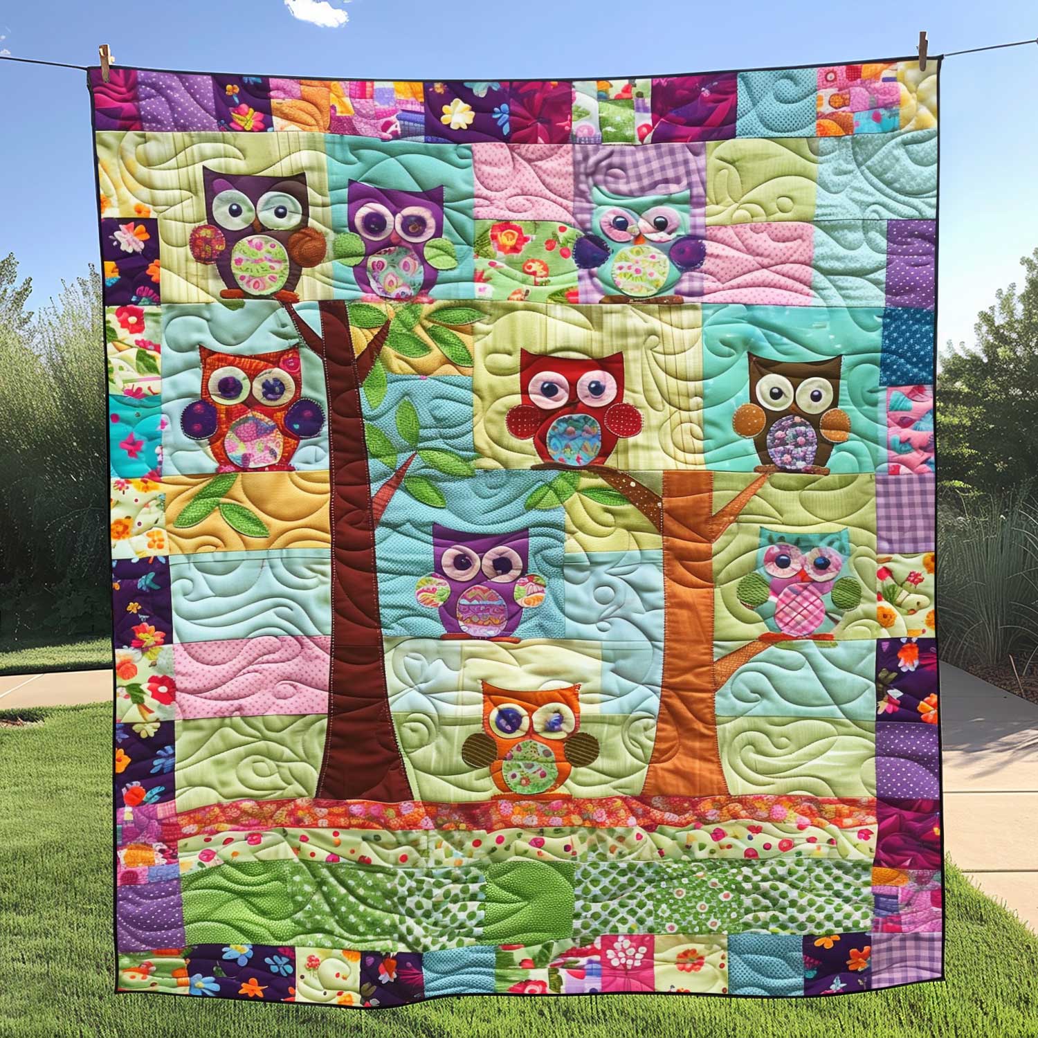 Cute Owl Tree Quilted Blanket NCU0HY014