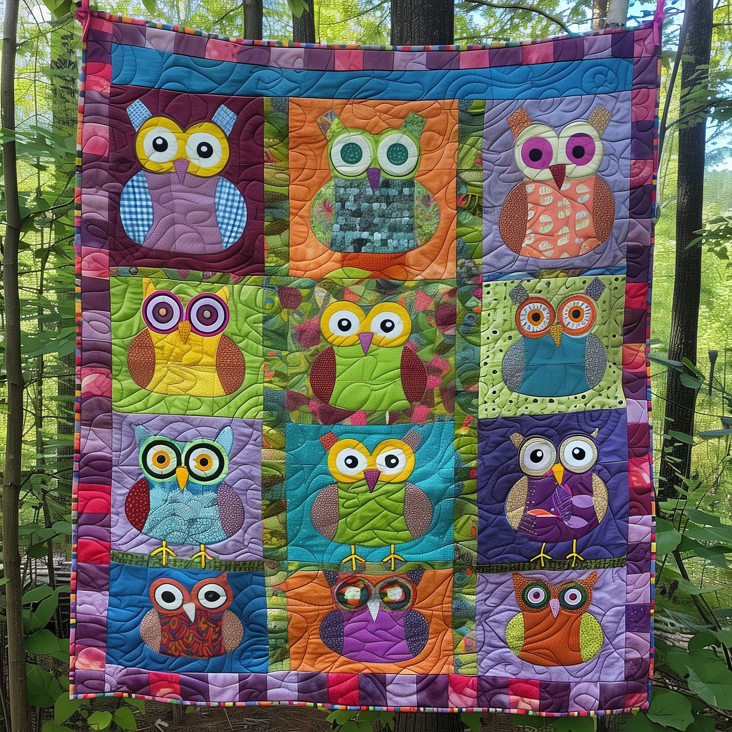 Feathered Colorful Owl Quilted Blanket NCU0HY015