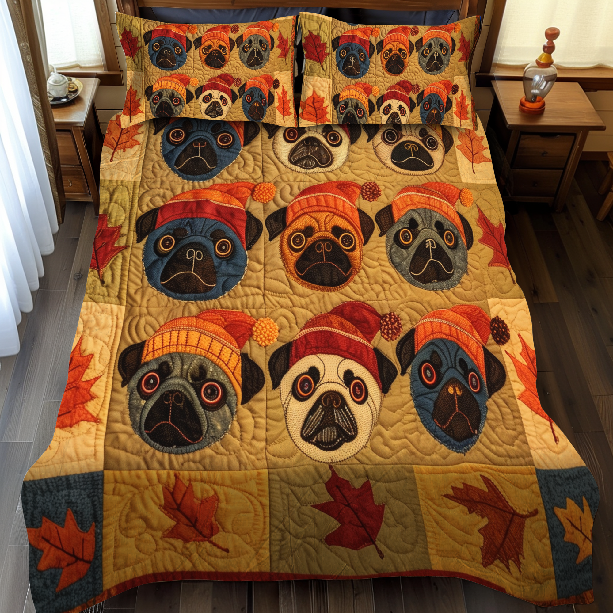 Adorable Pugs 3-Piece Quilted Bedding Set NCU0VL096