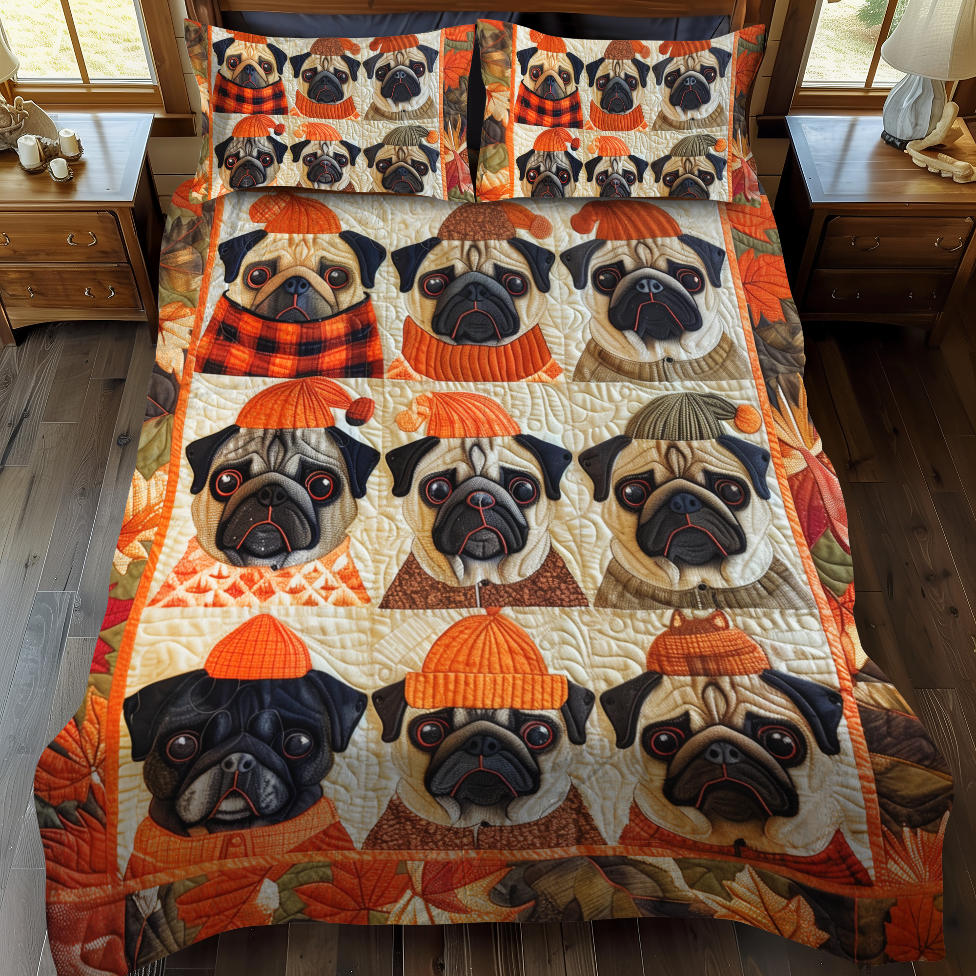 Adorable Pugs 3-Piece Quilted Bedding Set NCU0VL301