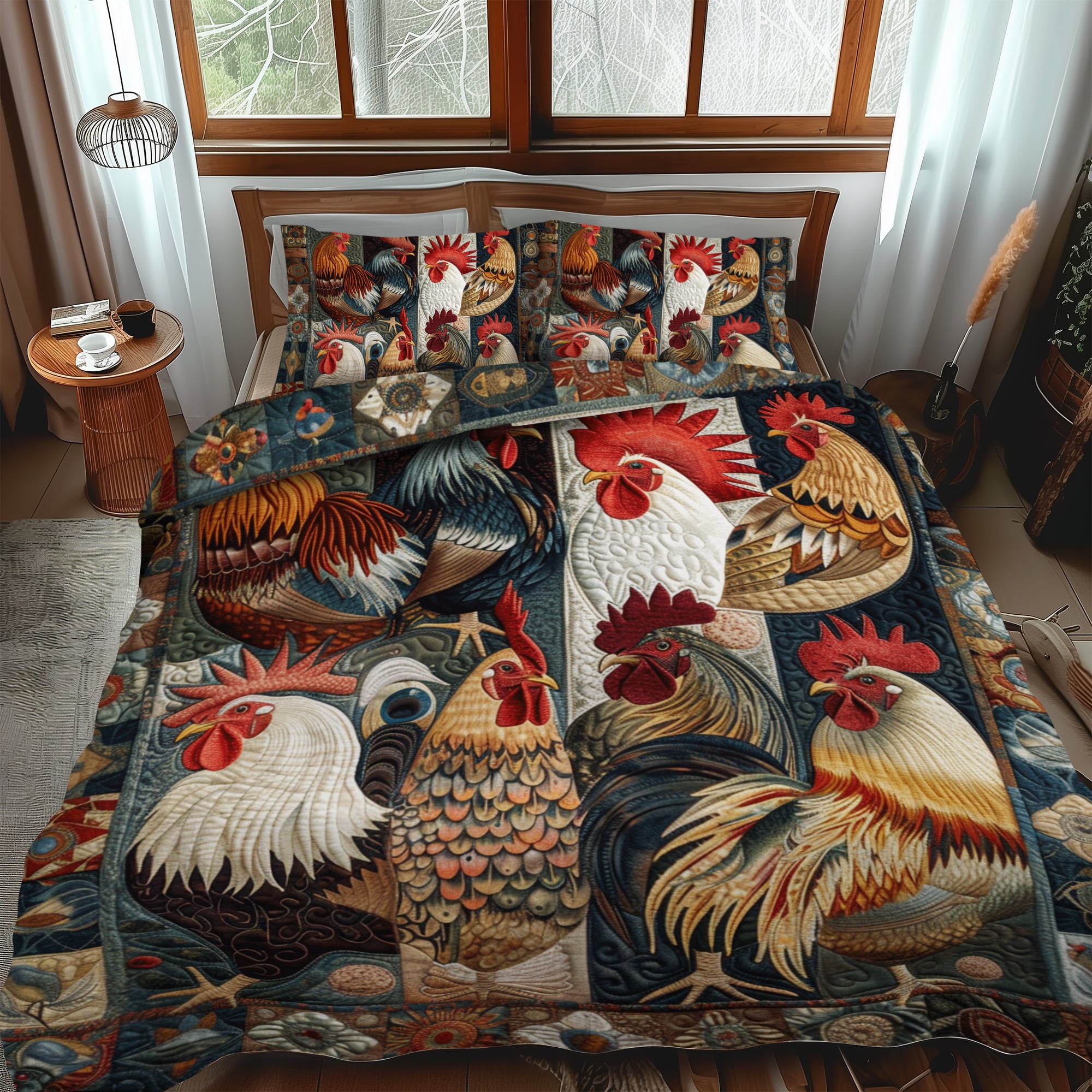 Antique Rooster 3-Piece Quilted Bedding Set NCU0TH893