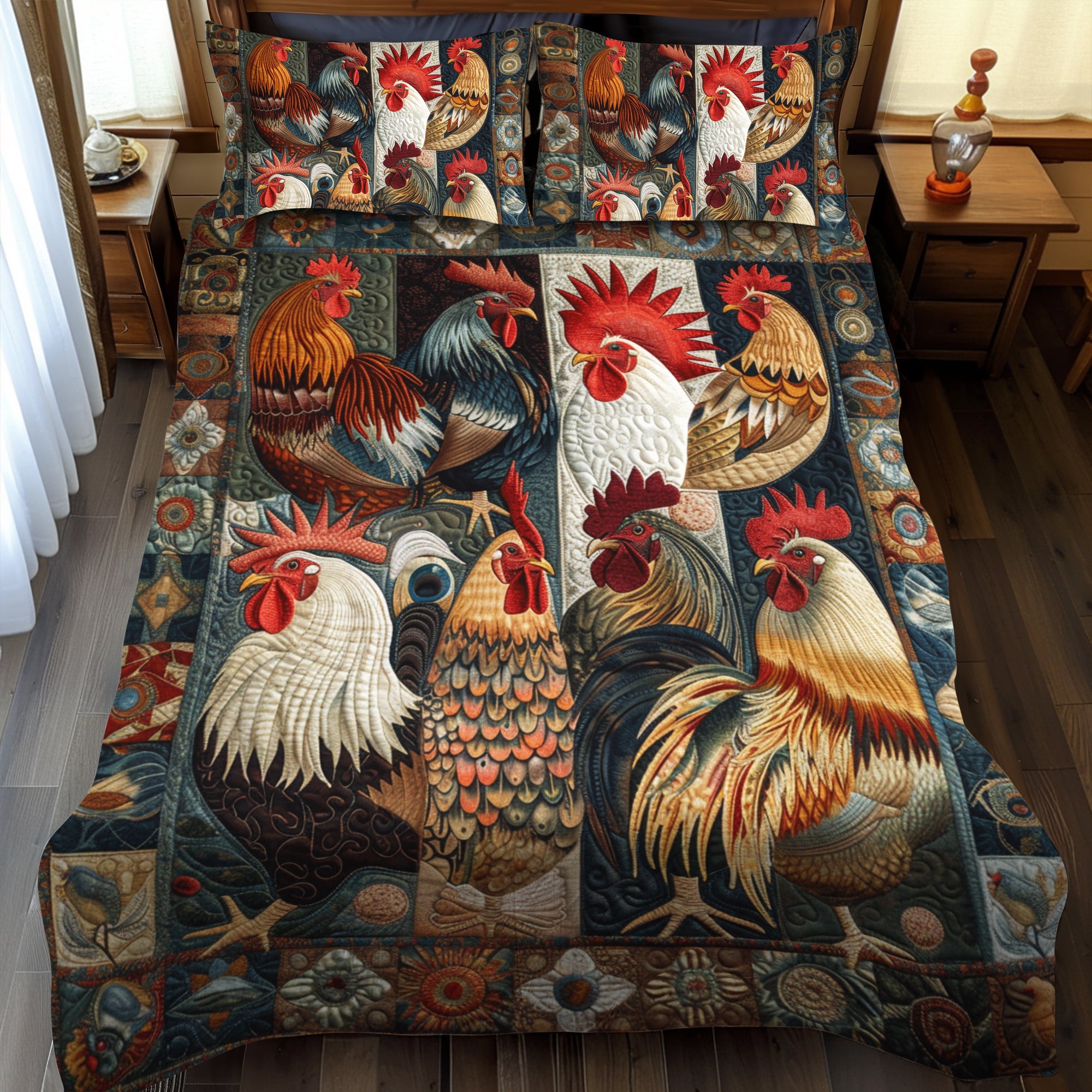 Antique Rooster 3-Piece Quilted Bedding Set NCU0TH893