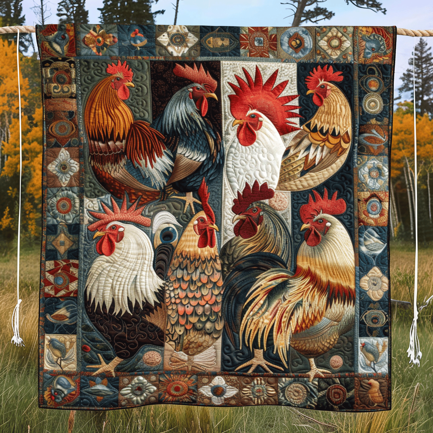 Antique Rooster Quilted Blanket NCU0TH968