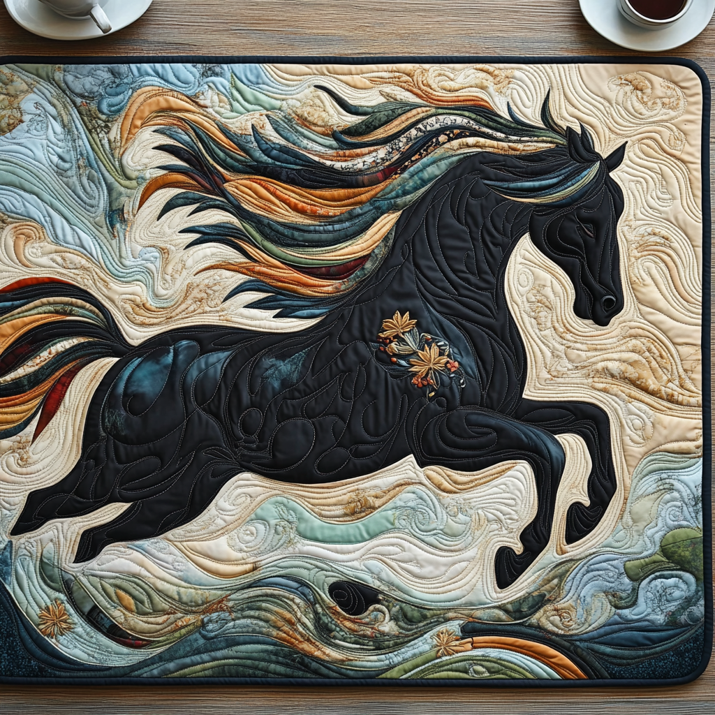 Artistic Black Running Horse Quilted Place Mat NCU0PD463