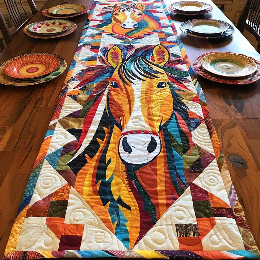 Artistic Colorful Horse Quilted Table Runner NCU0PD295