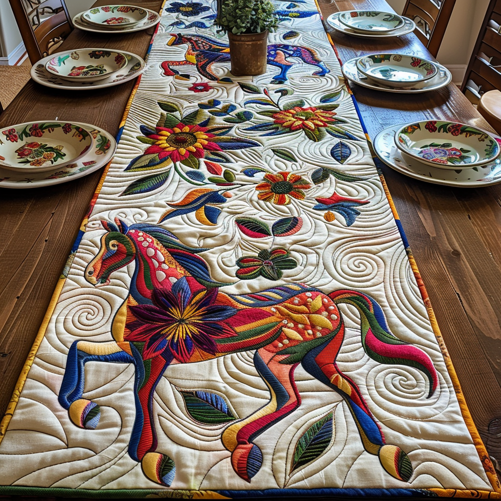 Artistic Horse-Themed Quilted Table Runner NCU0PD286