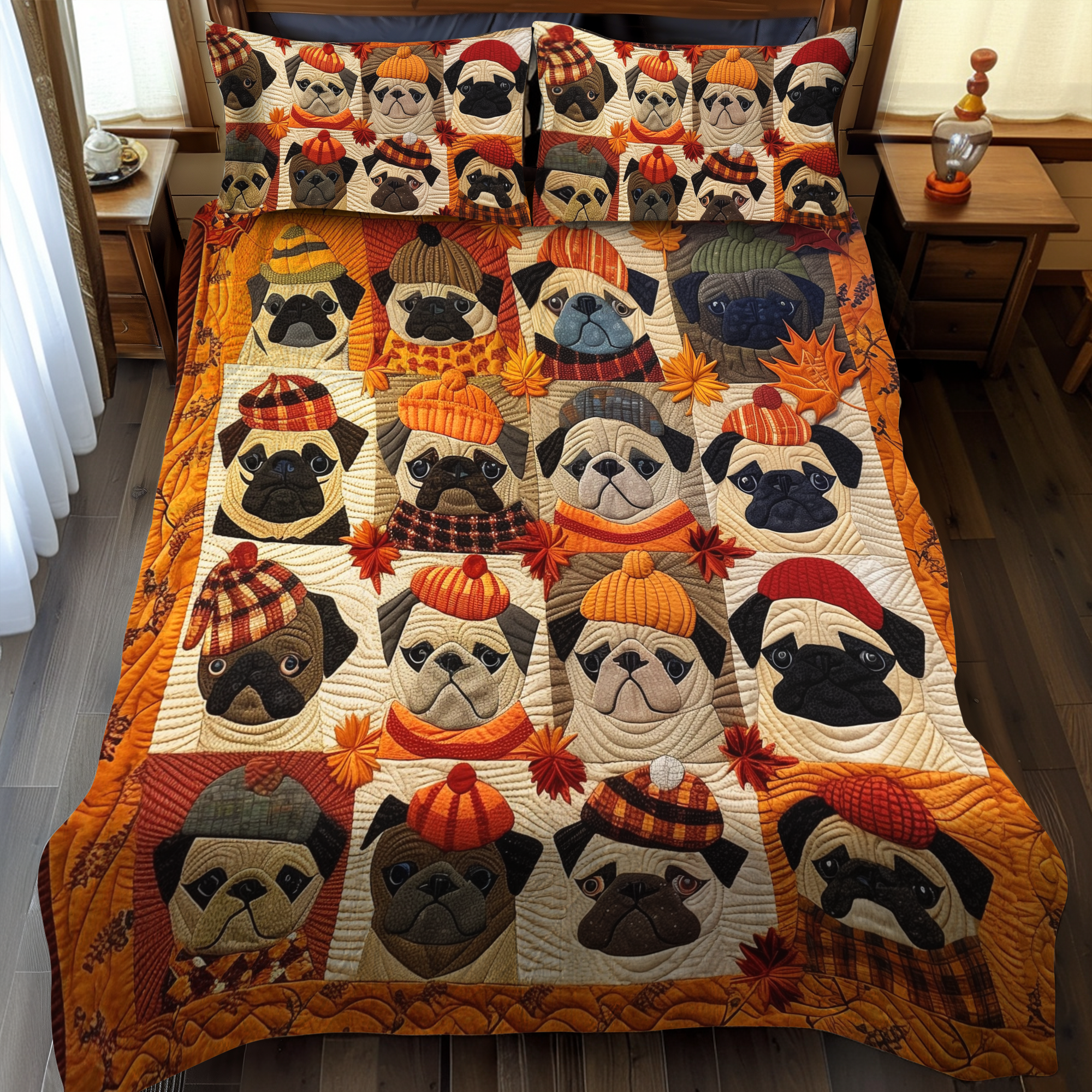 Autumn Vibe Pugs 3-Piece Quilted Bedding Set NCU0VL092