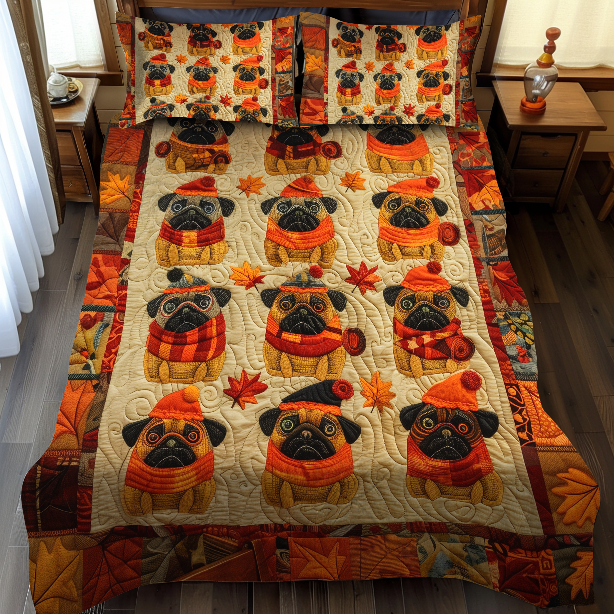 Autumn Vibe Pugs 3-Piece Quilted Bedding Set NCU0VL095