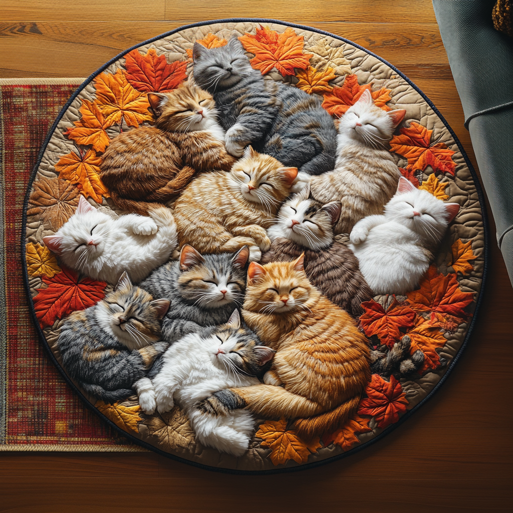 Autumn Cat Cuddling Quilted Round Mat NCU0DV1077