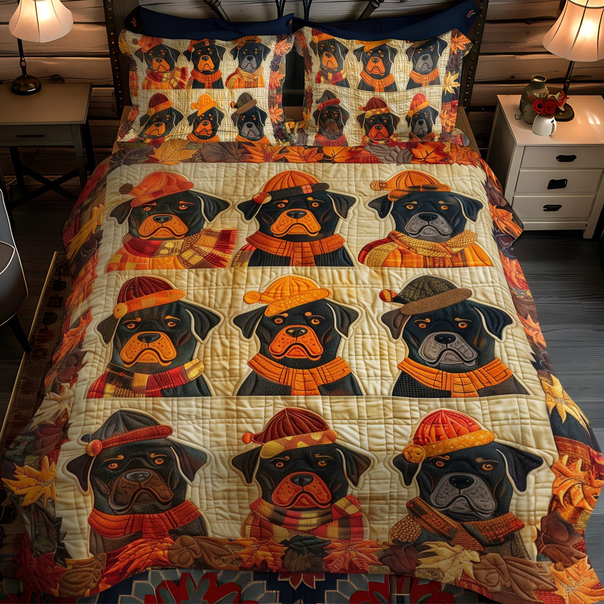 Autumn Leaves and Rottweiler Love 3-Piece Quilted Bedding Set NCU0PT560