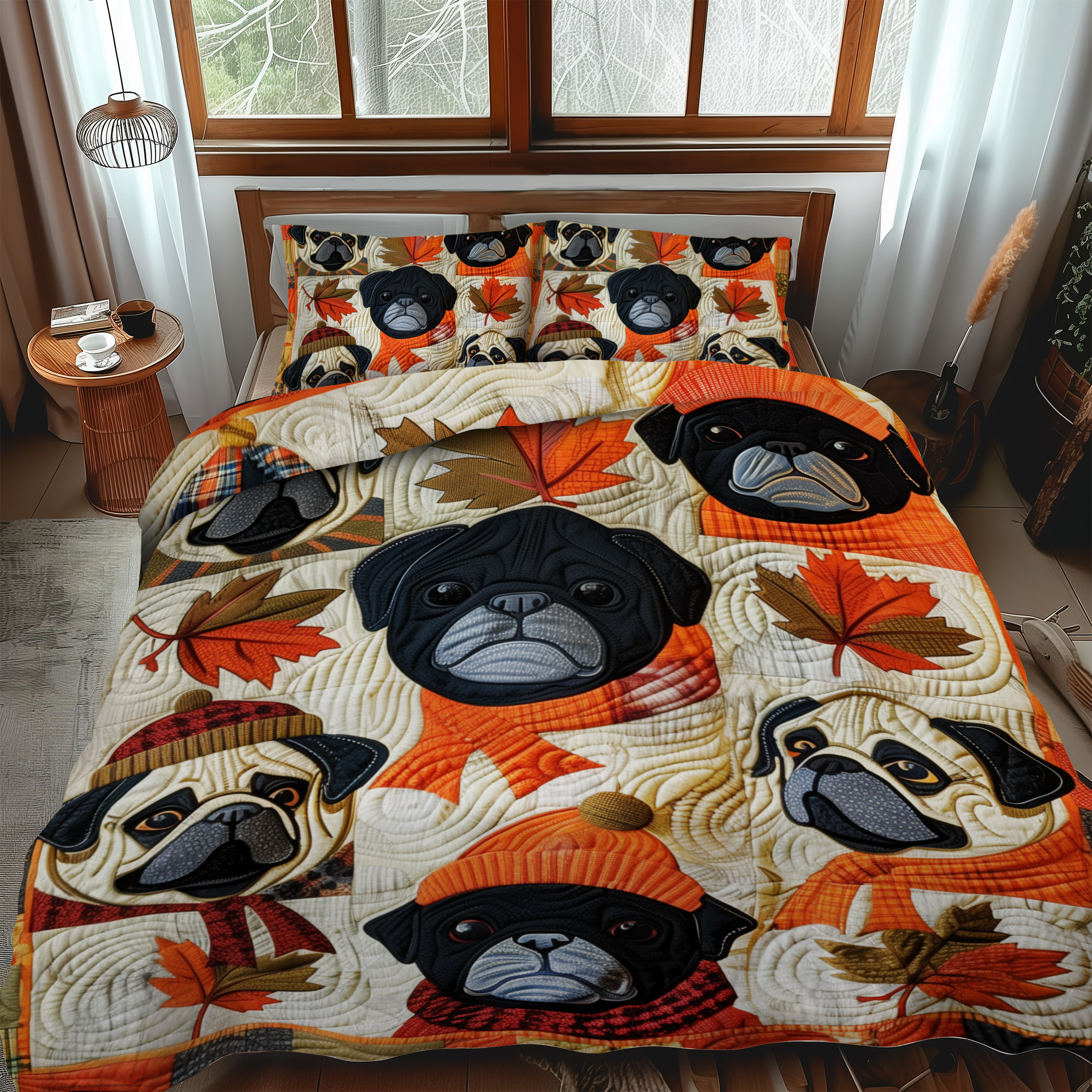 Autumn Pugs 3-Piece Quilted Bedding Set NCU0VL302