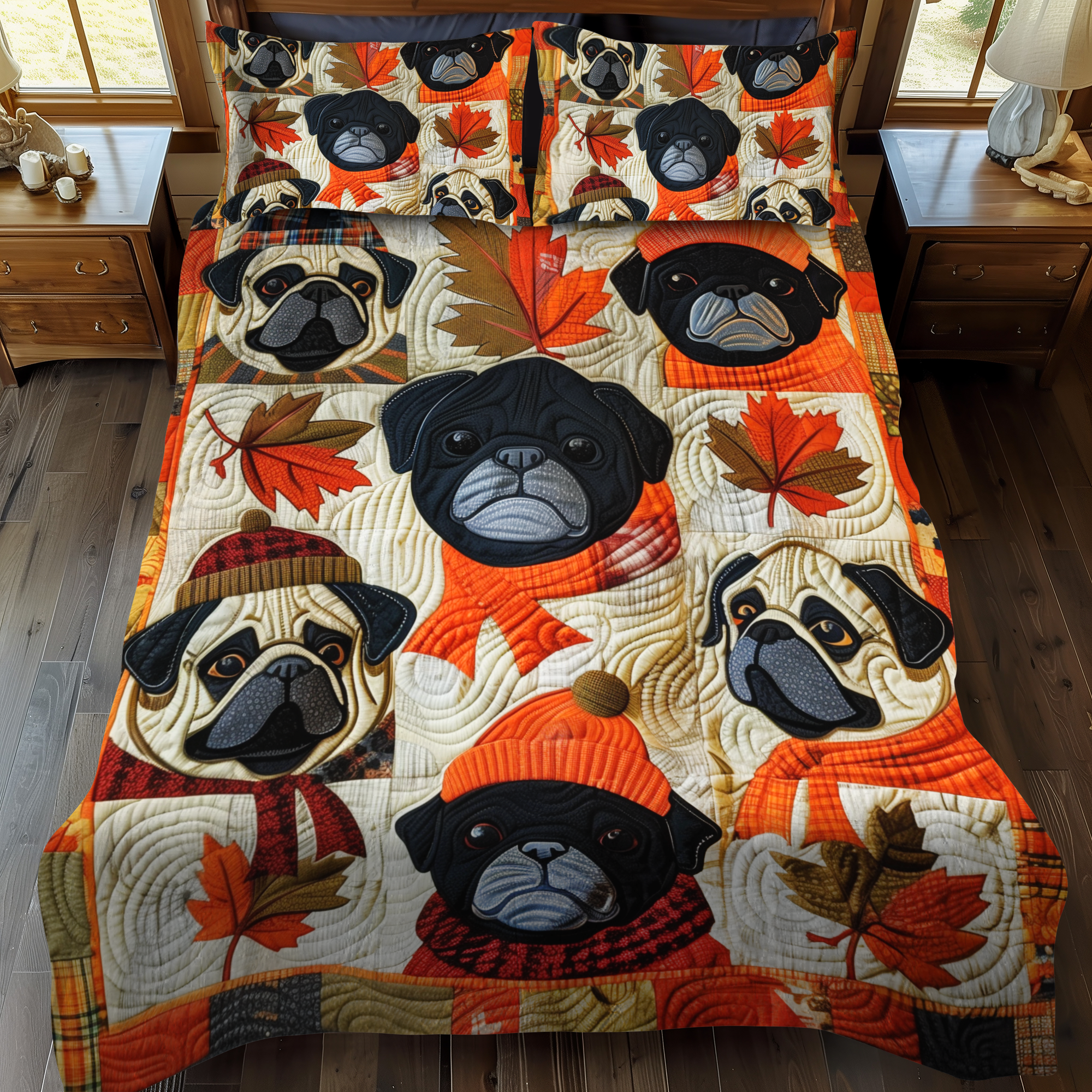 Autumn Pugs 3-Piece Quilted Bedding Set NCU0VL302