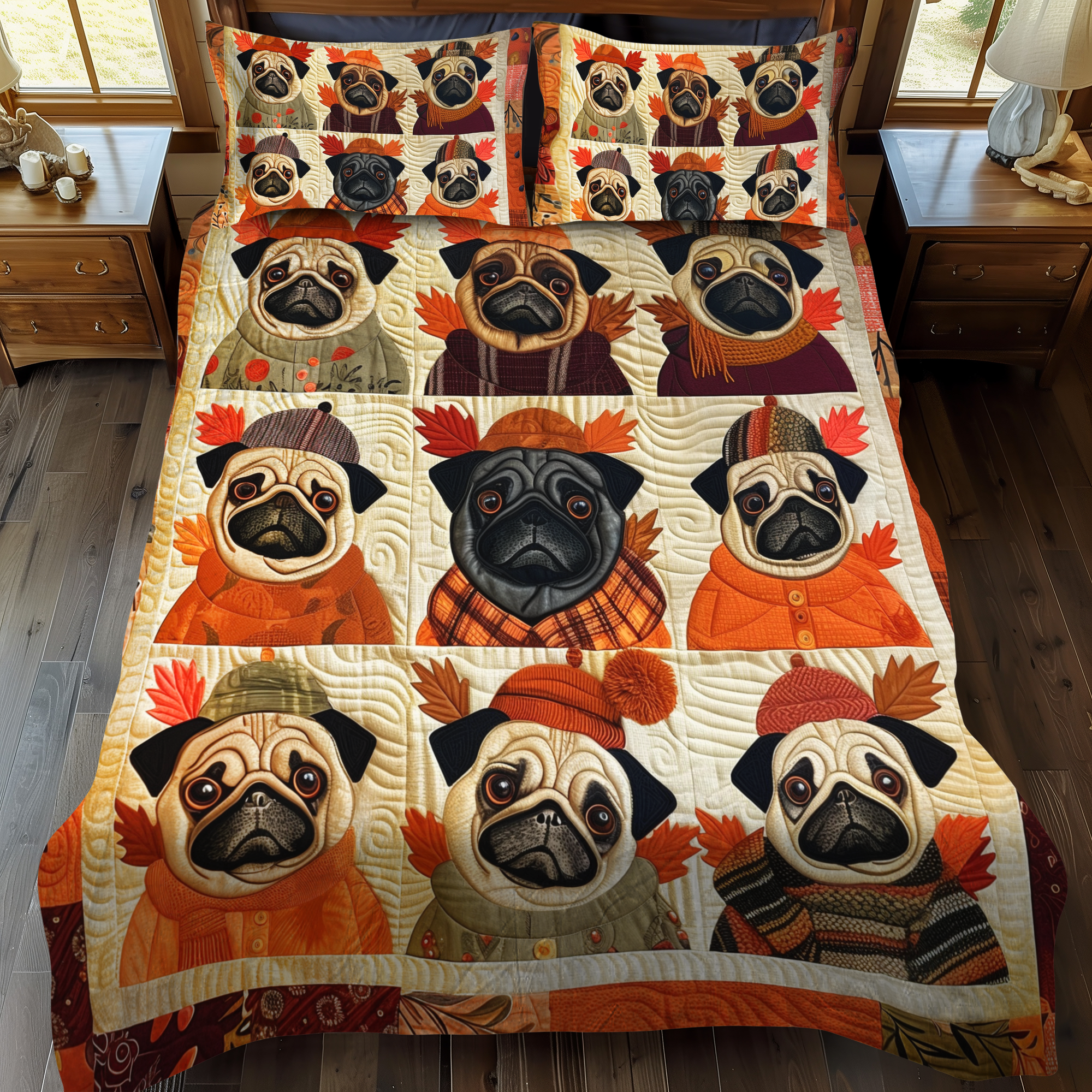 Autumn Vibe Pugs 3-Piece Quilted Bedding Set NCU0VL300