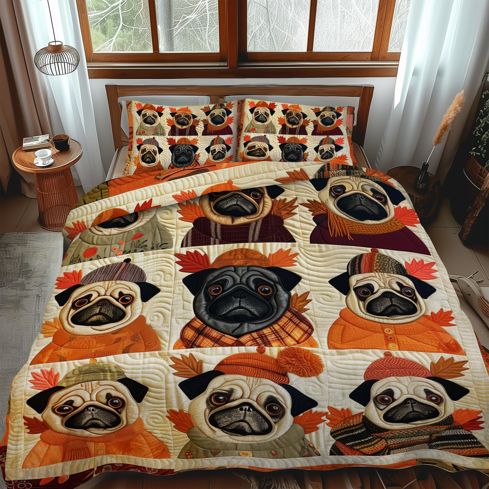 Autumn Vibe Pugs 3-Piece Quilted Bedding Set NCU0VL300