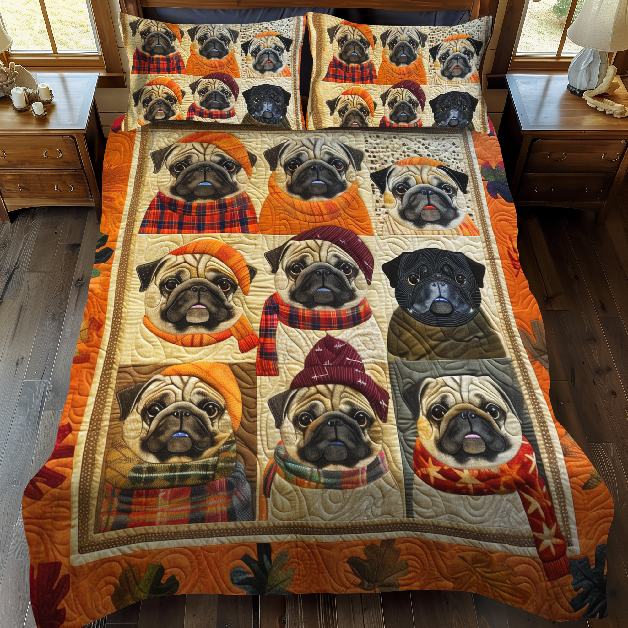 Autumn Vibe Pugs 3-Piece Quilted Bedding Set NCU0VL303