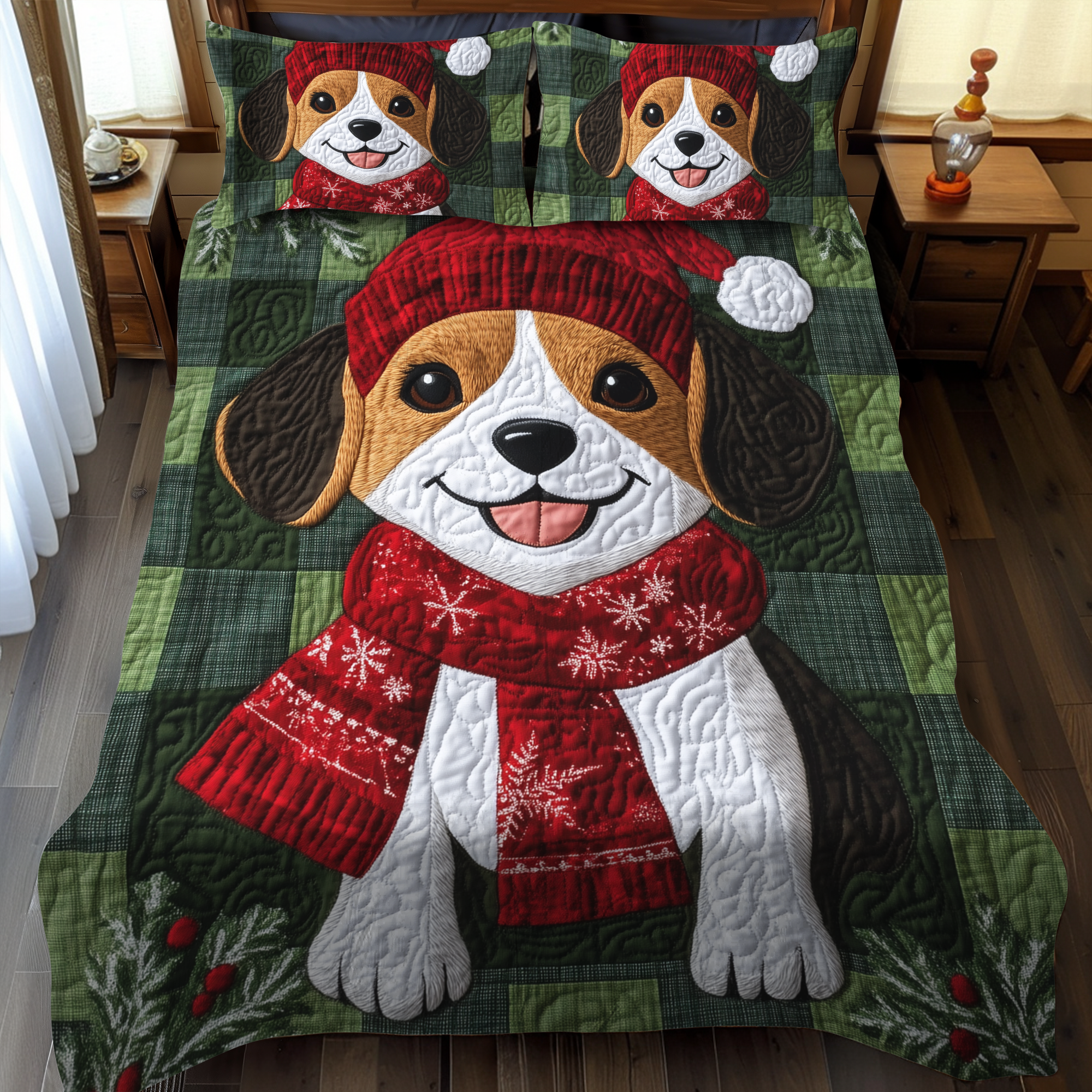 Beagle Christmas Tree Snuggle 3-Piece Quilted Bedding Set NCU0VL635