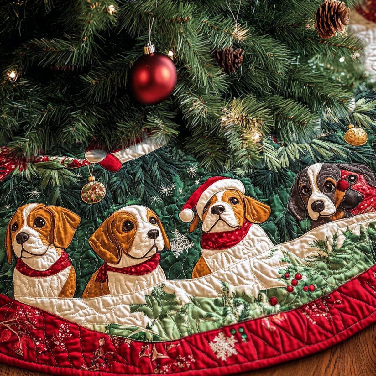 Beagle Joy Parade Quilted Christmas Tree Skirt NCU0PT1585