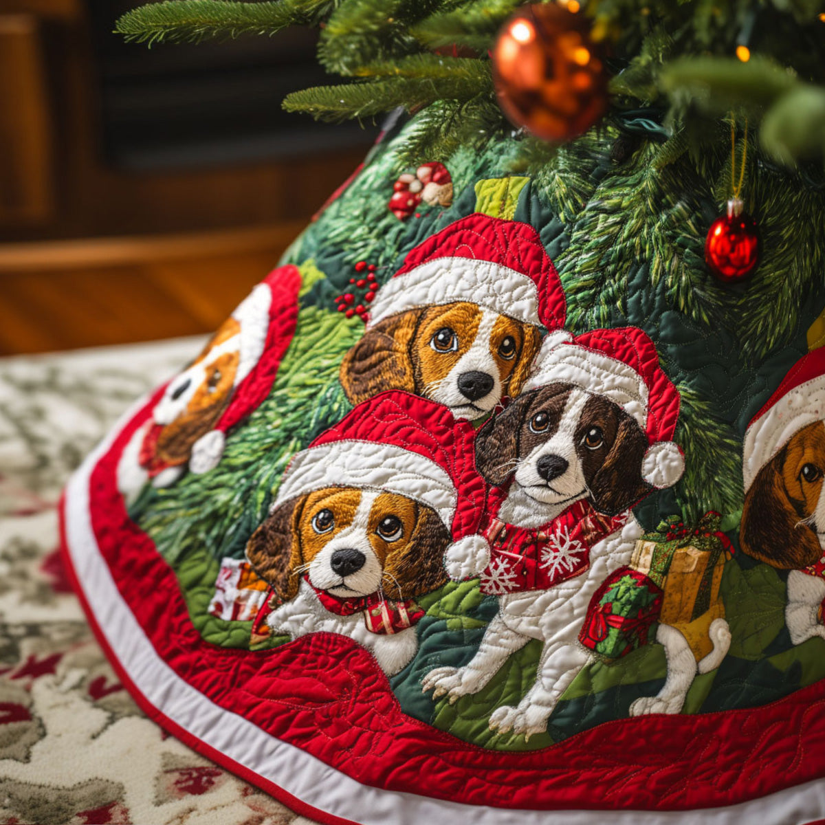 Beagle Sleigh Ride Quilted Christmas Tree Skirt NCU0PT1587