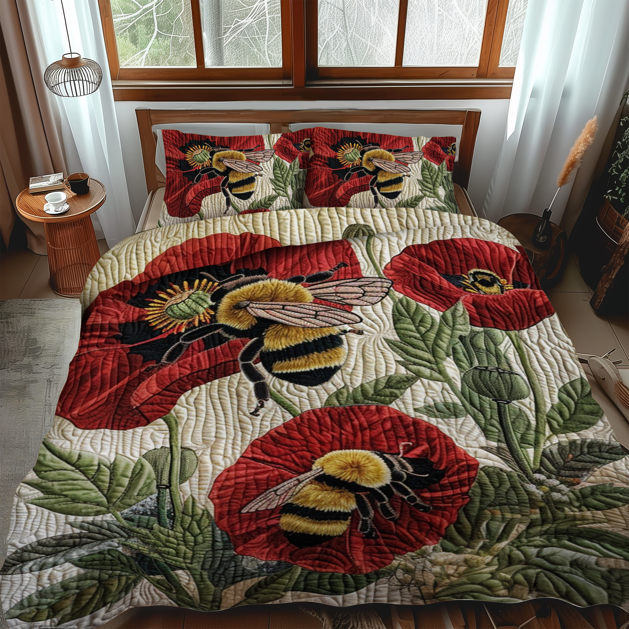 Bee-Kised Blooms 3-Piece Quilted Bedding Set NCU0NT005