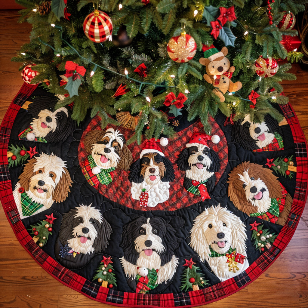 Bernedoodle Sleigh Ride Christmas Quilted Tree Skirt NCU0DV1415