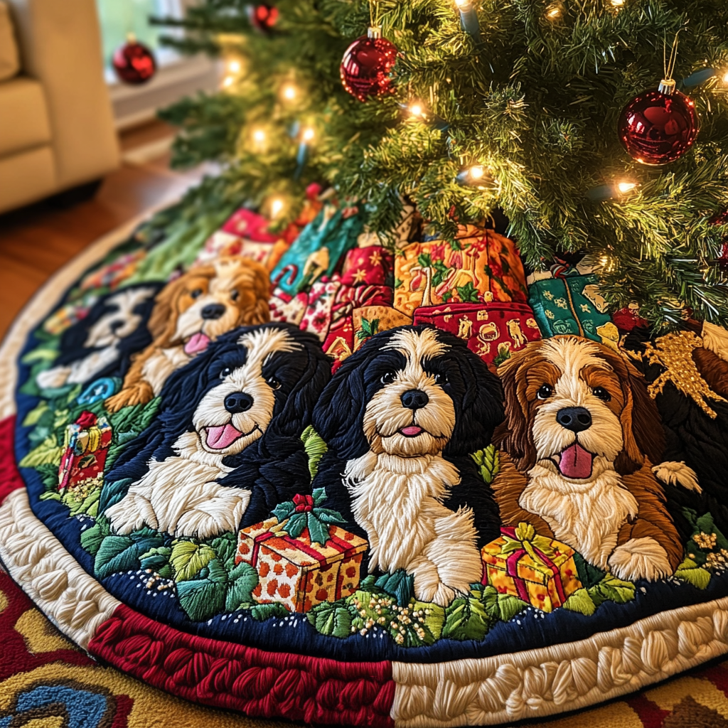 Bernedoodle Snowy Delight Christmas Quilted Tree Skirt NCU0DV1409