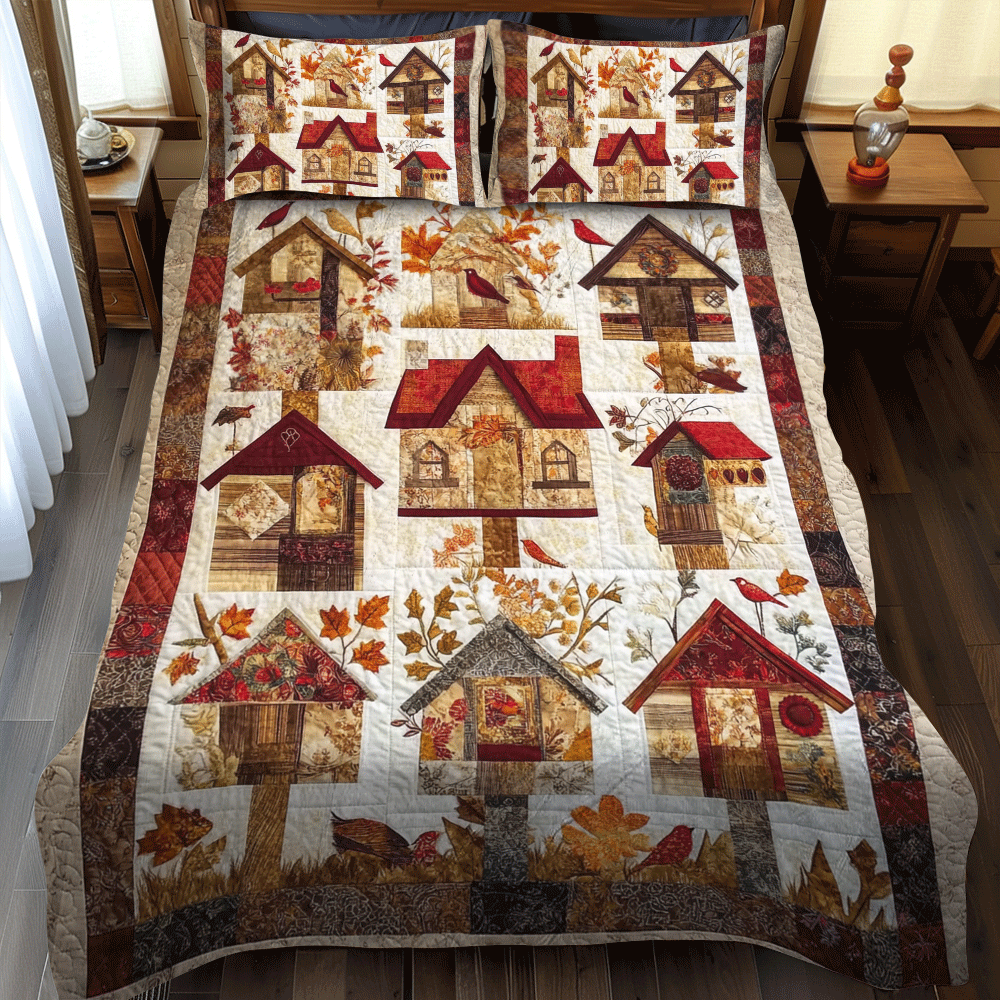 Bird House Thanksgiving 3-Piece Quilted Bedding Set NCU0PD710