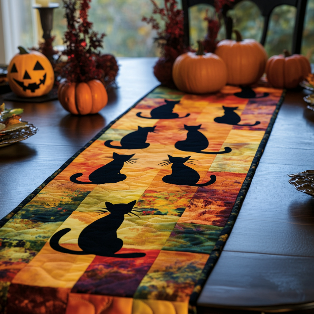 Black Cats Gathering Quilted Table Runner NCU0DV457