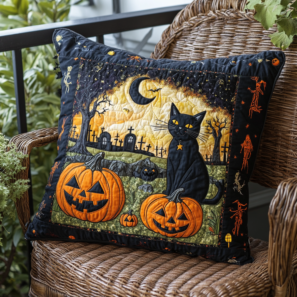 Black Cat Halloween Quilted Pillow Case NCU0PD676