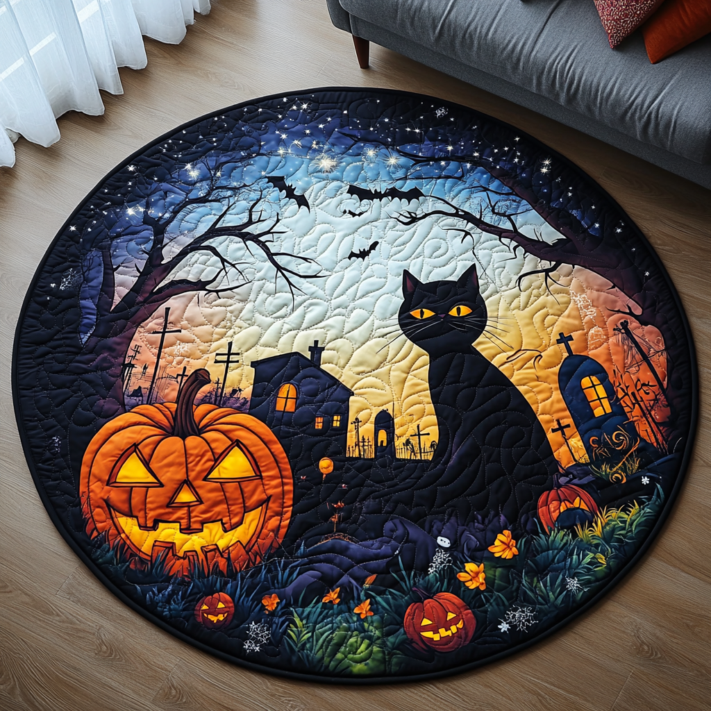 Black Cat Halloween Quilted Round Mat NCU0PD876