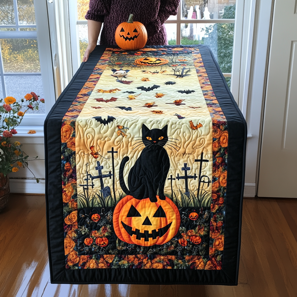 Black Cat Magic Halloween Quilted Table Runner NCU0PD684