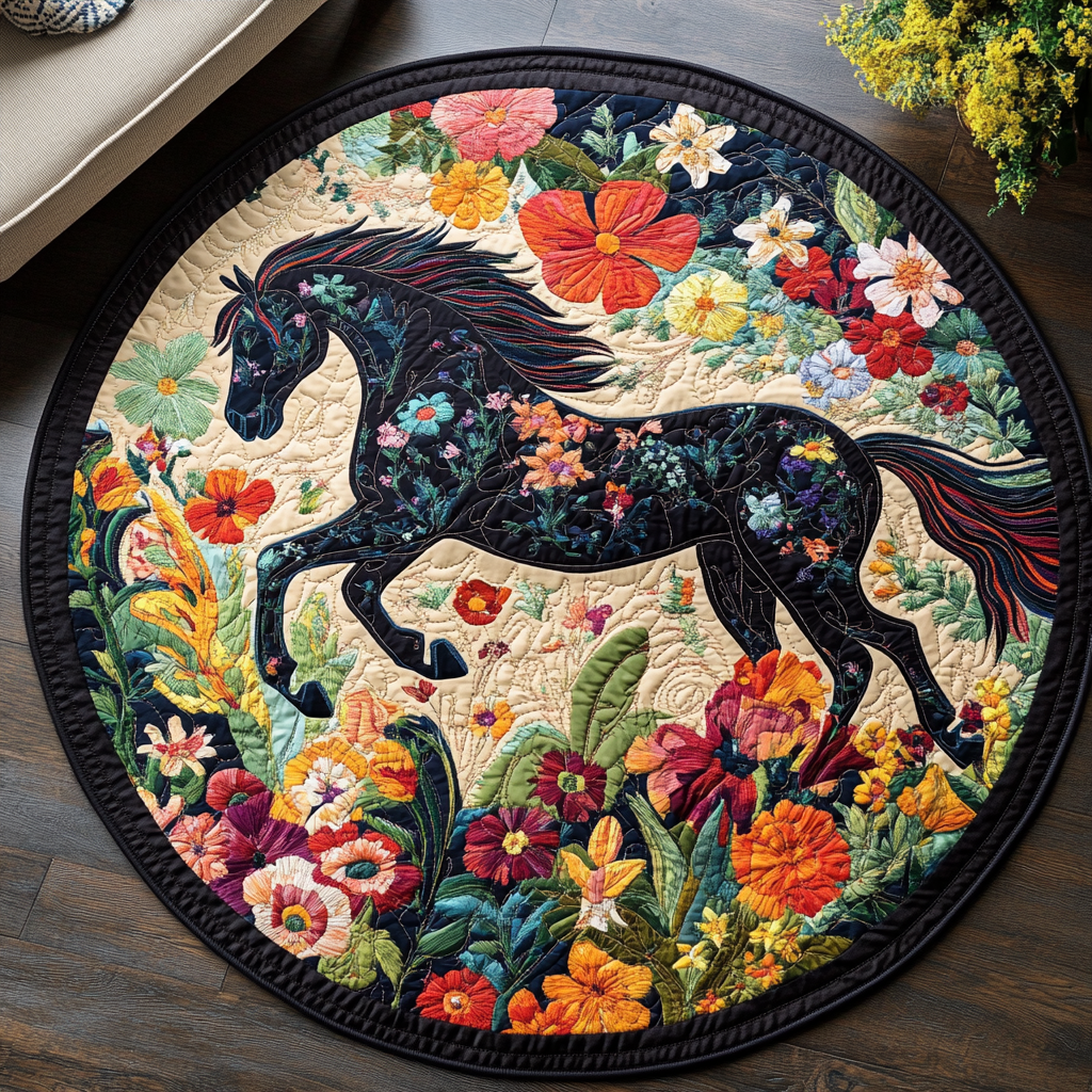 Black Horse Running Quilted Round Mat NCU0PD827