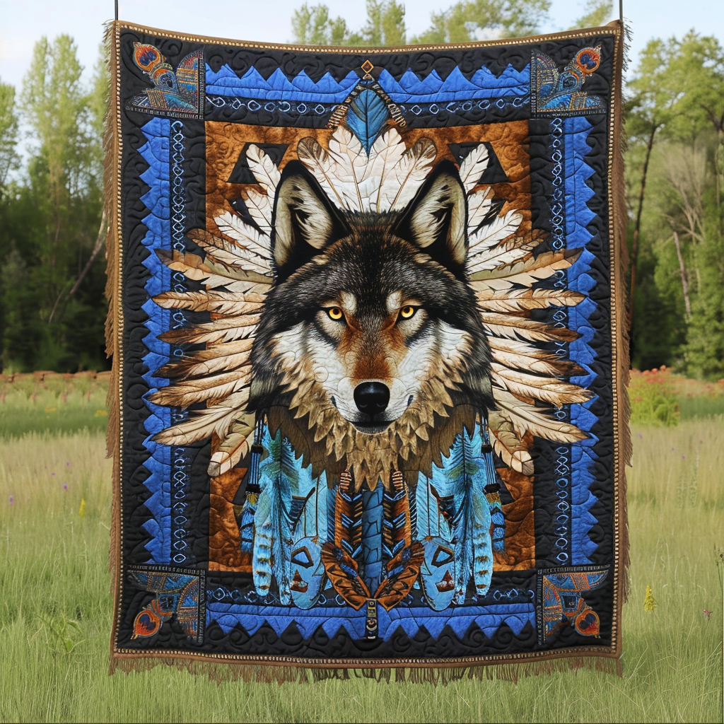 Blue Native Wolf Quilted Blanket NCU0TH140