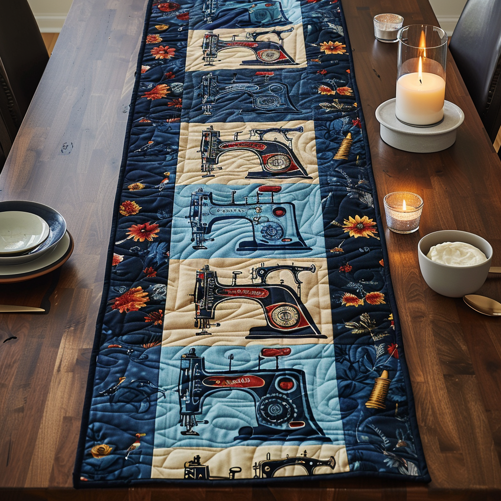 Blue Sewing Machine Quilted Table Runner NCU0TH317