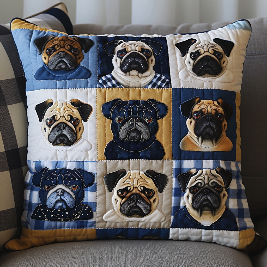 Blue and Gold Pugs Quilted Pillow Case NCU0TH148