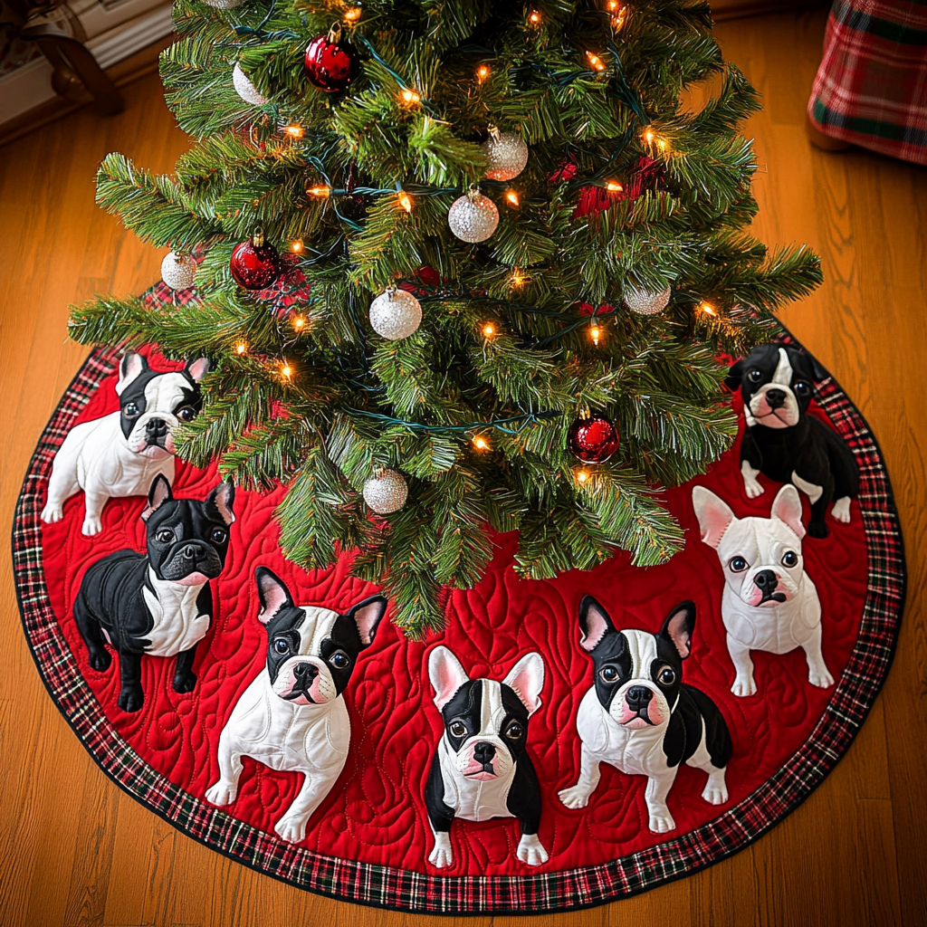 Boston Terrier Snowy Christmas Christmas Quilted Tree Skirt NCU0DV1482