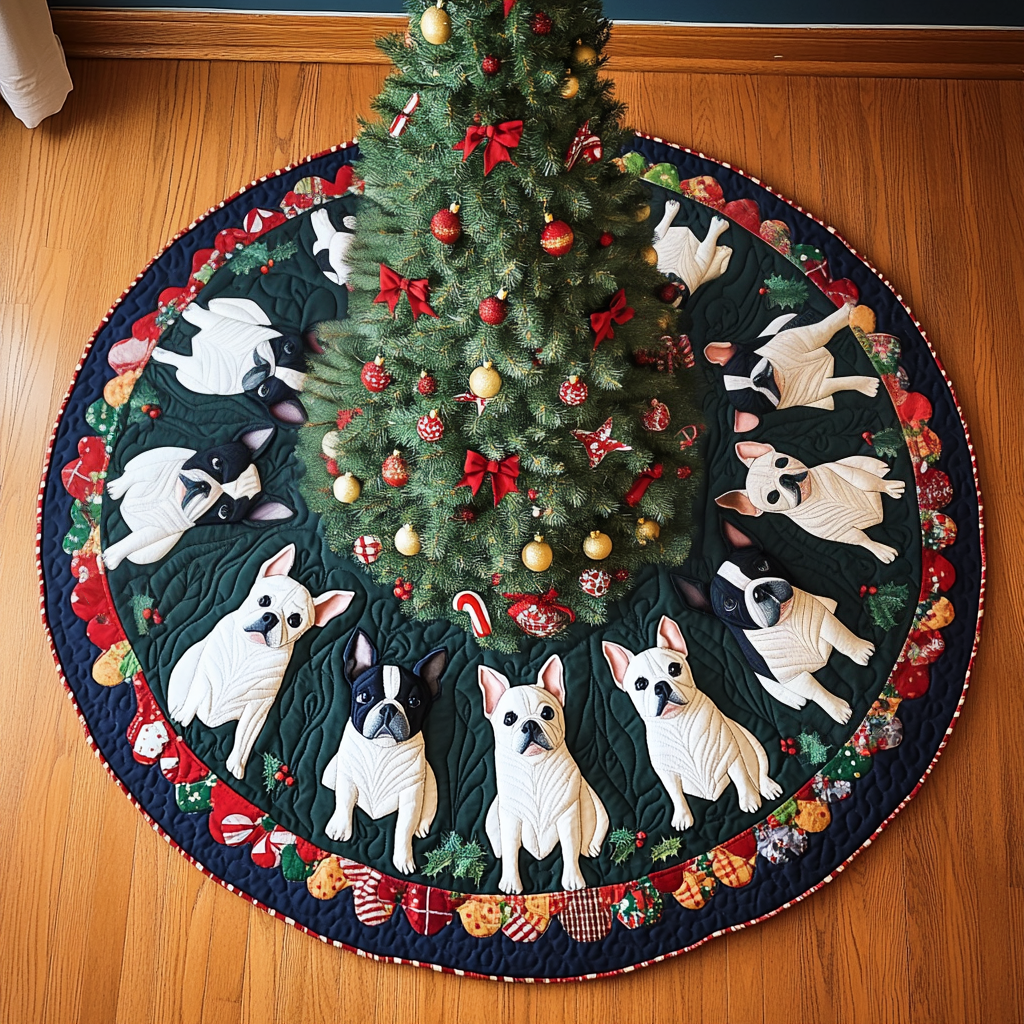 Boston Terrier Under the Mistletoe Christmas Quilted Tree Skirt NCU0DV1487