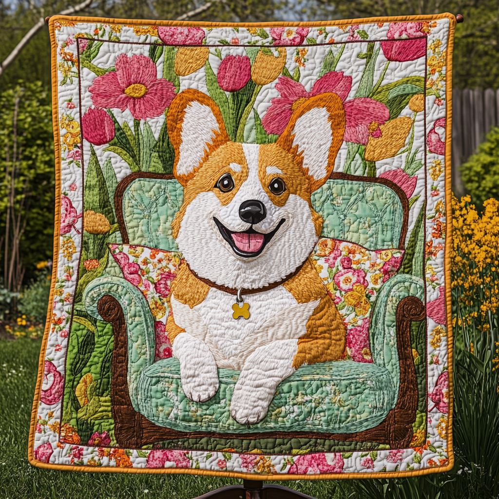 Bright Blooms and Corgi Smiles Quilted Blanket NCU0DK1562