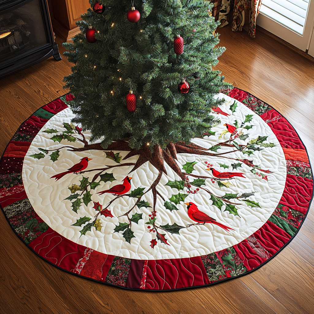 Bright Cardinal Blessings Christmas Quilted Tree Skirt NCU0DK1656