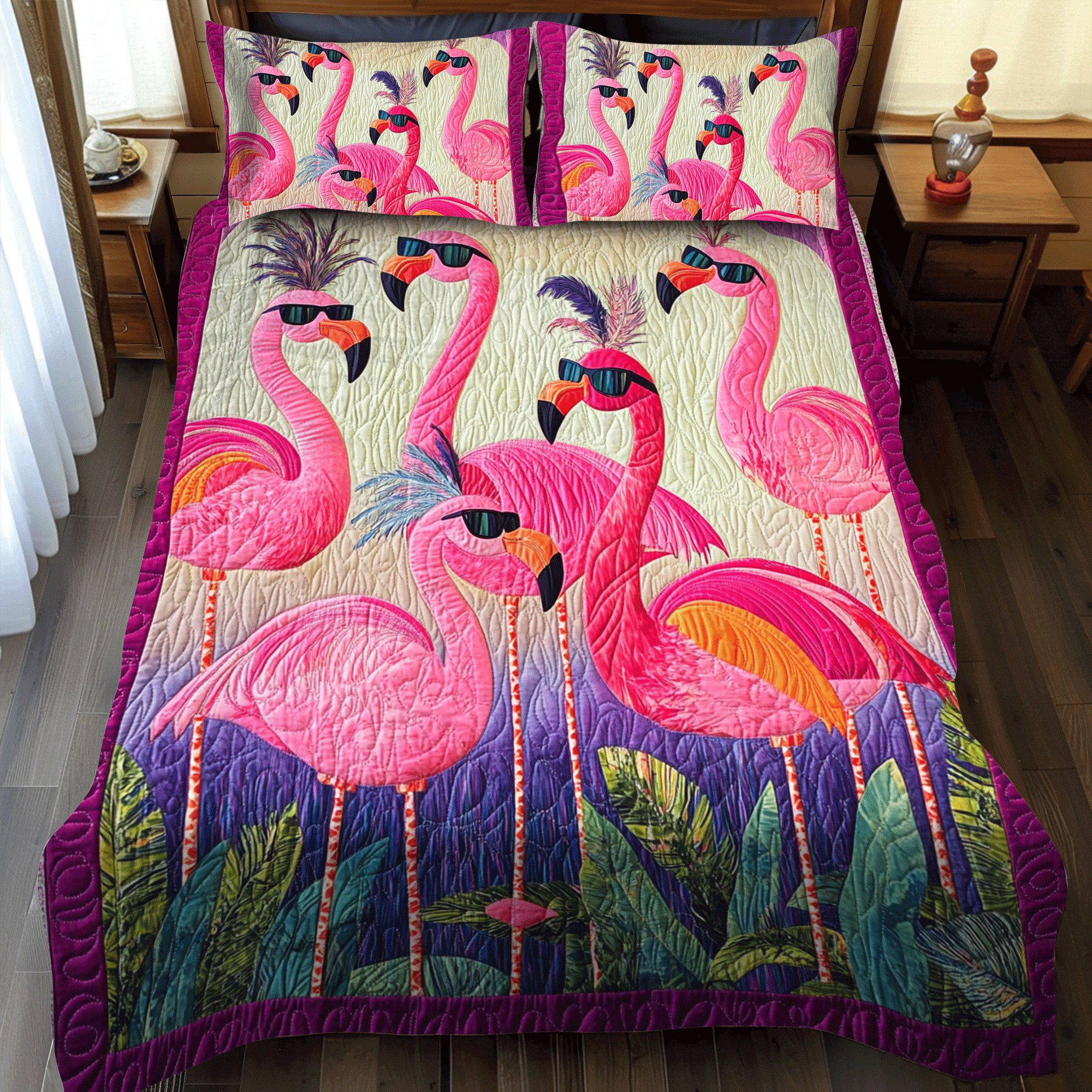 Bright Flamingo Bliss 3-Piece Quilted Bedding Set NCU0PD511