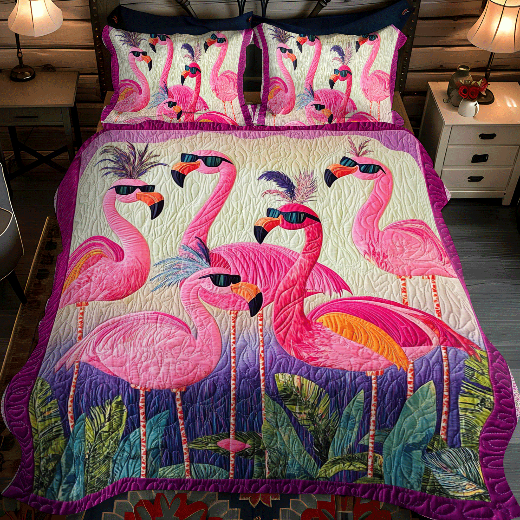 Bright Flamingo Bliss 3-Piece Quilted Bedding Set NCU0PD511