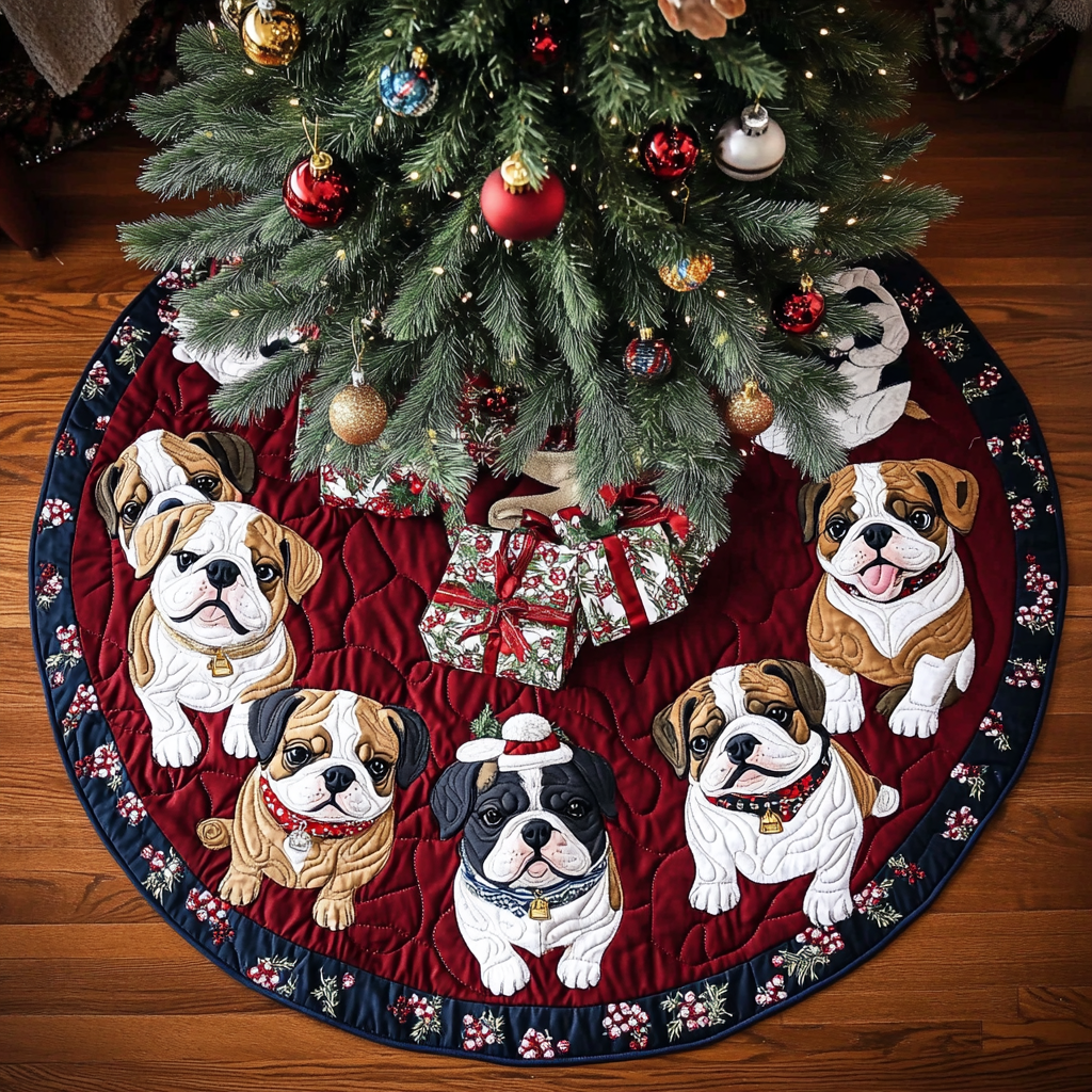 Bulldog Christmas Joy Christmas Quilted Tree Skirt NCU0DK1953