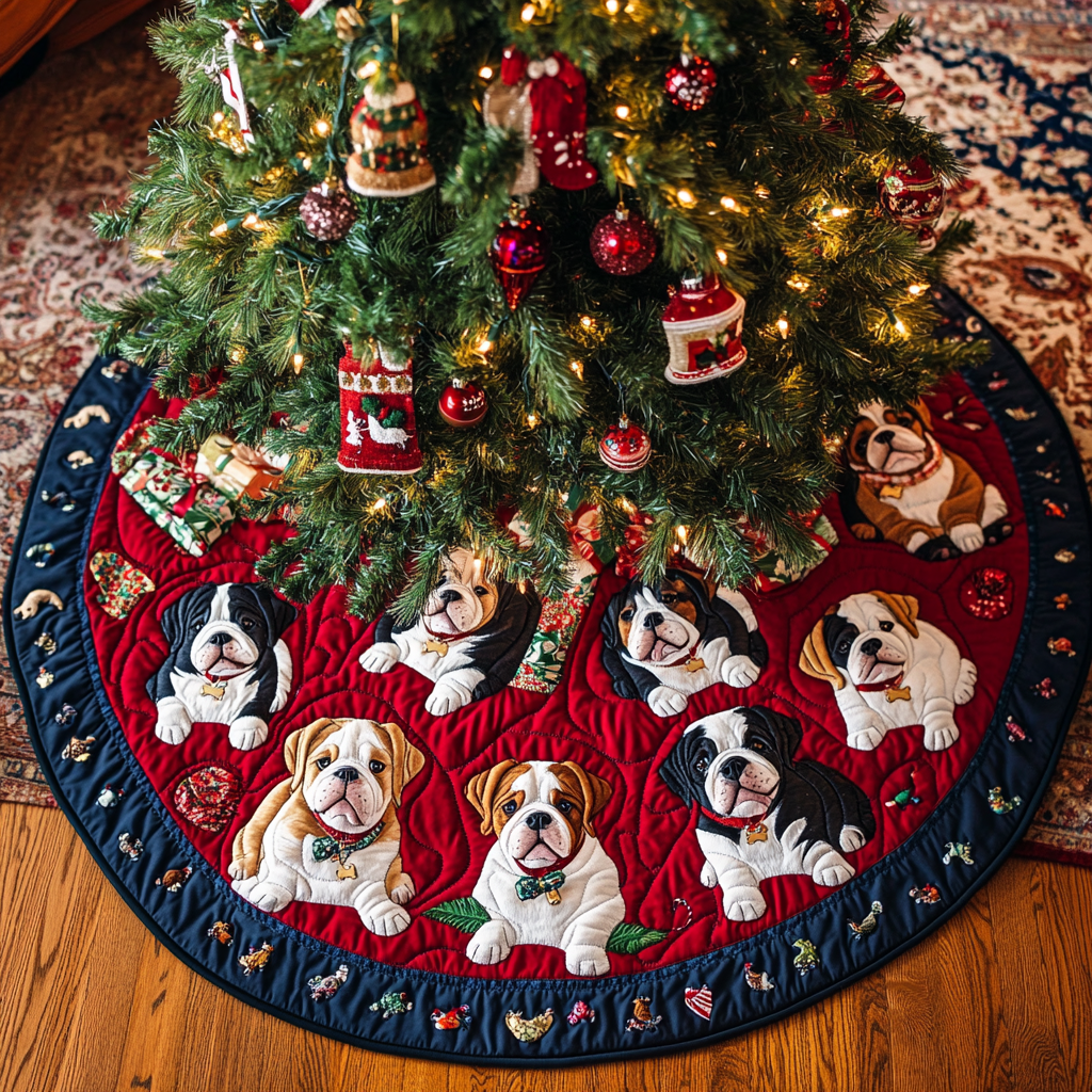 Bulldog Holiday Joy Christmas Quilted Tree Skirt NCU0DK1951