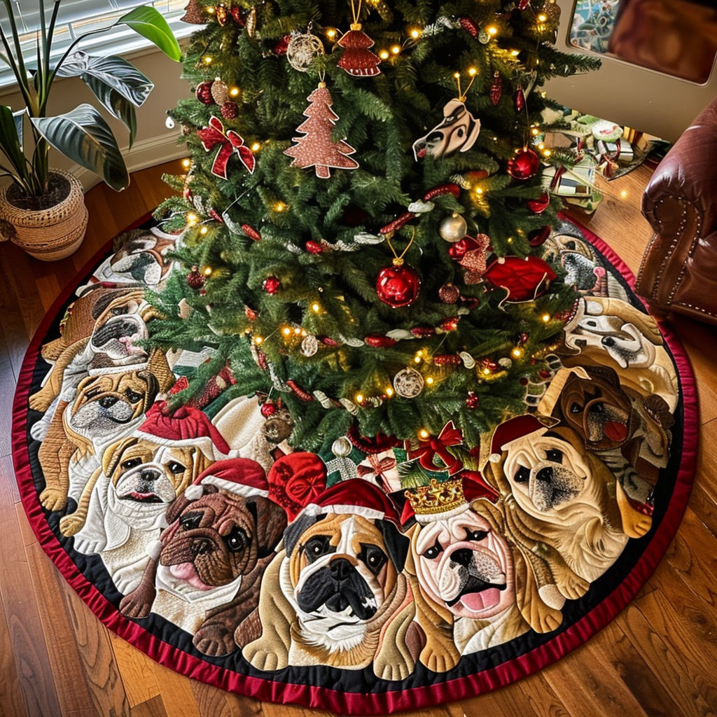 Bulldog Sleigh Ride Christmas Quilted Tree Skirt NCU0DV1433