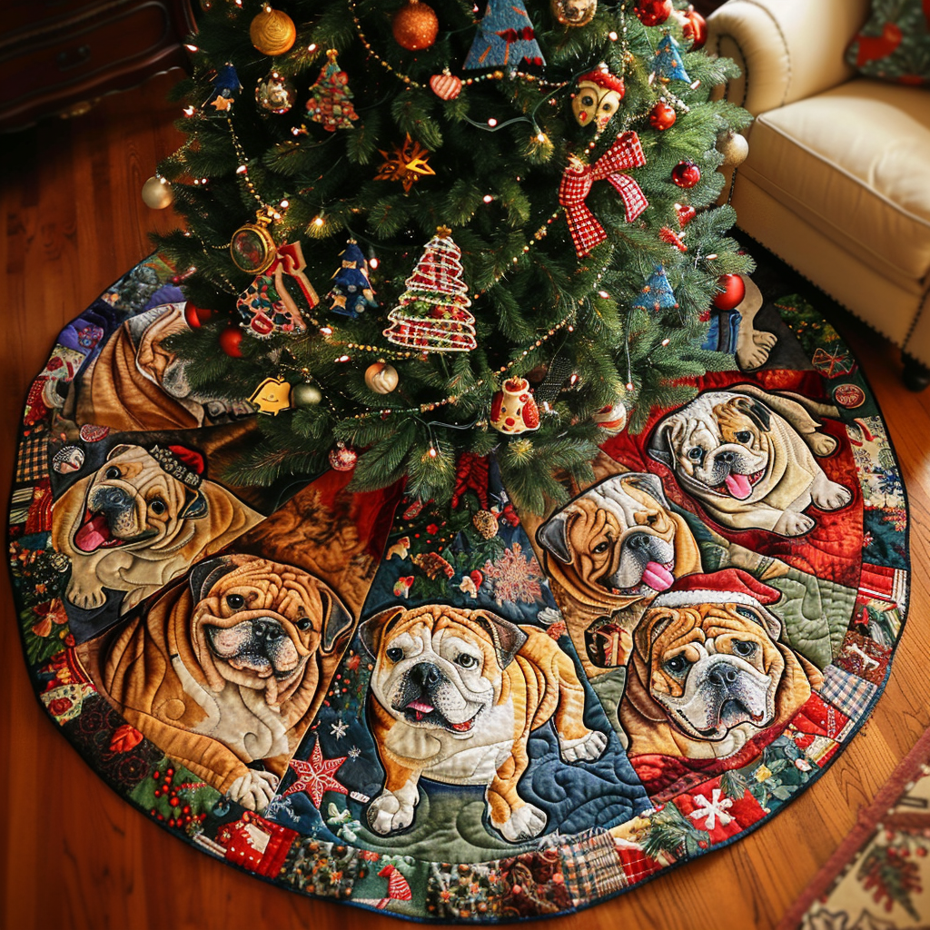 Bulldog Snowy Dreams Christmas Quilted Tree Skirt NCU0DV1432