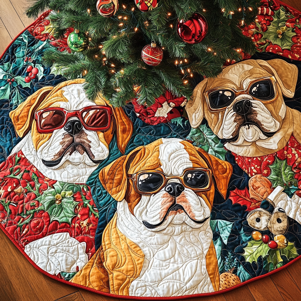 Bulldog Yuletide Joy Christmas Quilted Tree Skirt NCU0DV1435