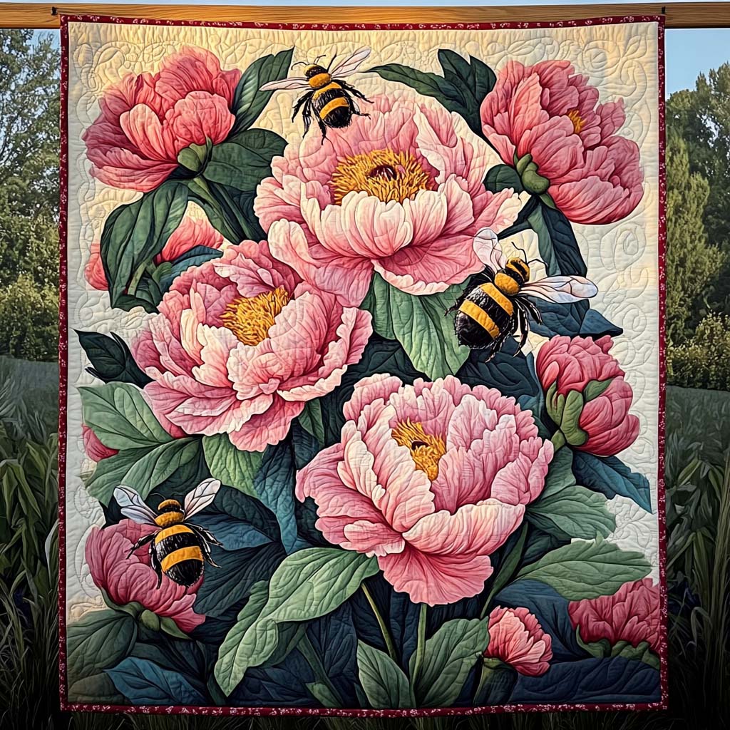 Busy Bees and Peonies Art Quilt Hanging NCU0NT853