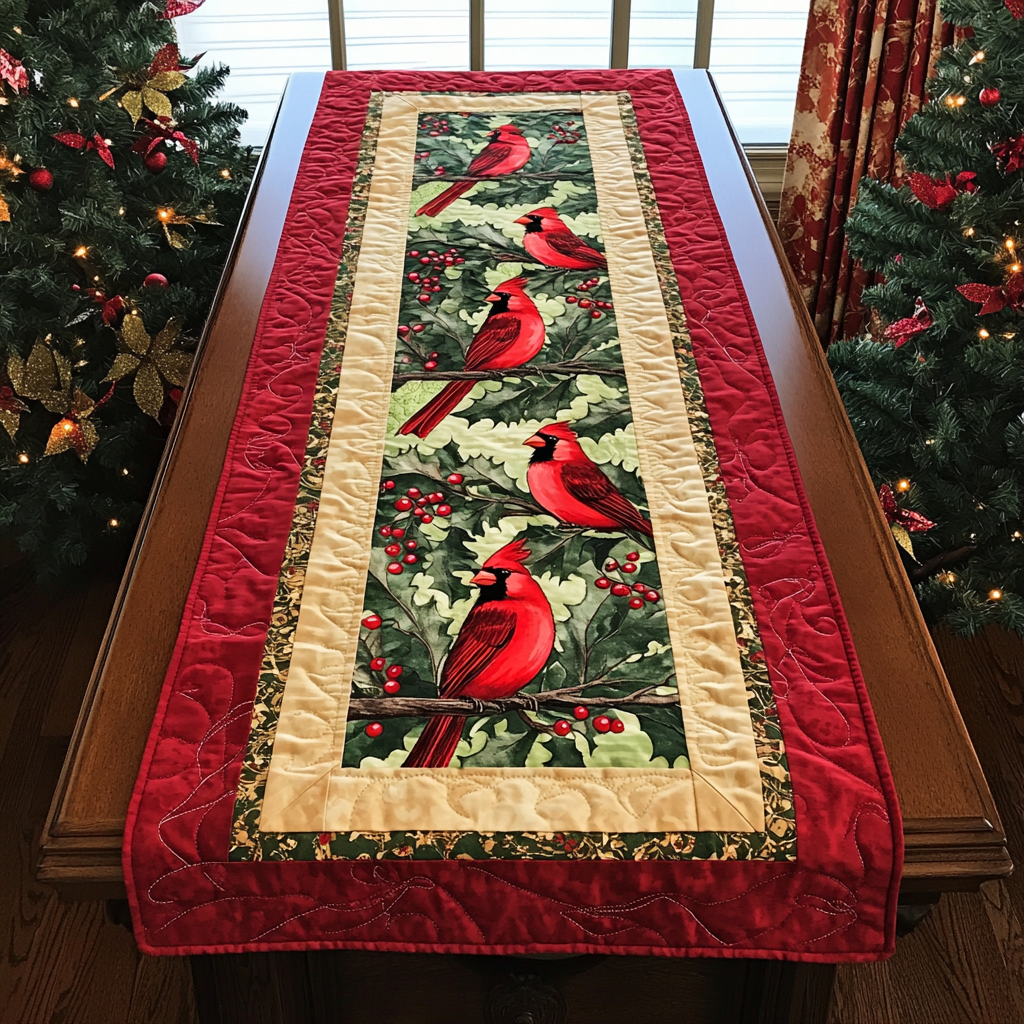 Cardinal Snowy Perch Quilted Table Runner NCU0DK1590