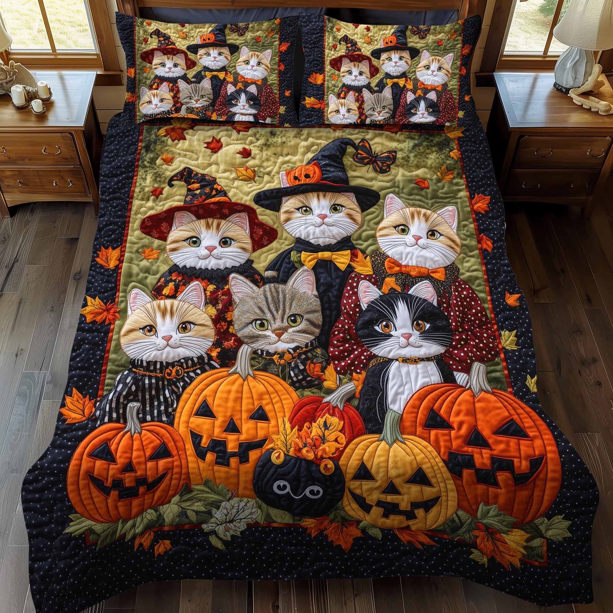 Cat Coven Halloween 3-Piece Quilted Bedding Set NCU0TH1655