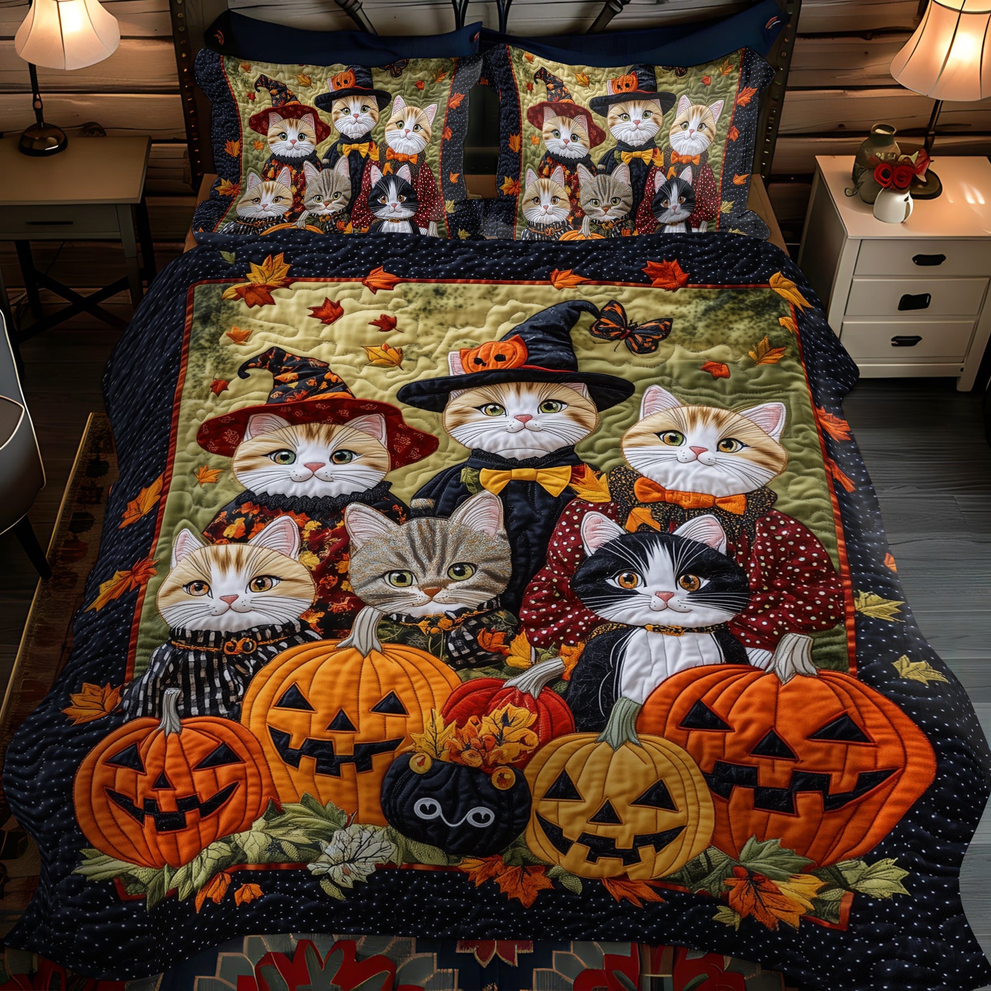 Cat Coven Halloween 3-Piece Quilted Bedding Set NCU0TH1655