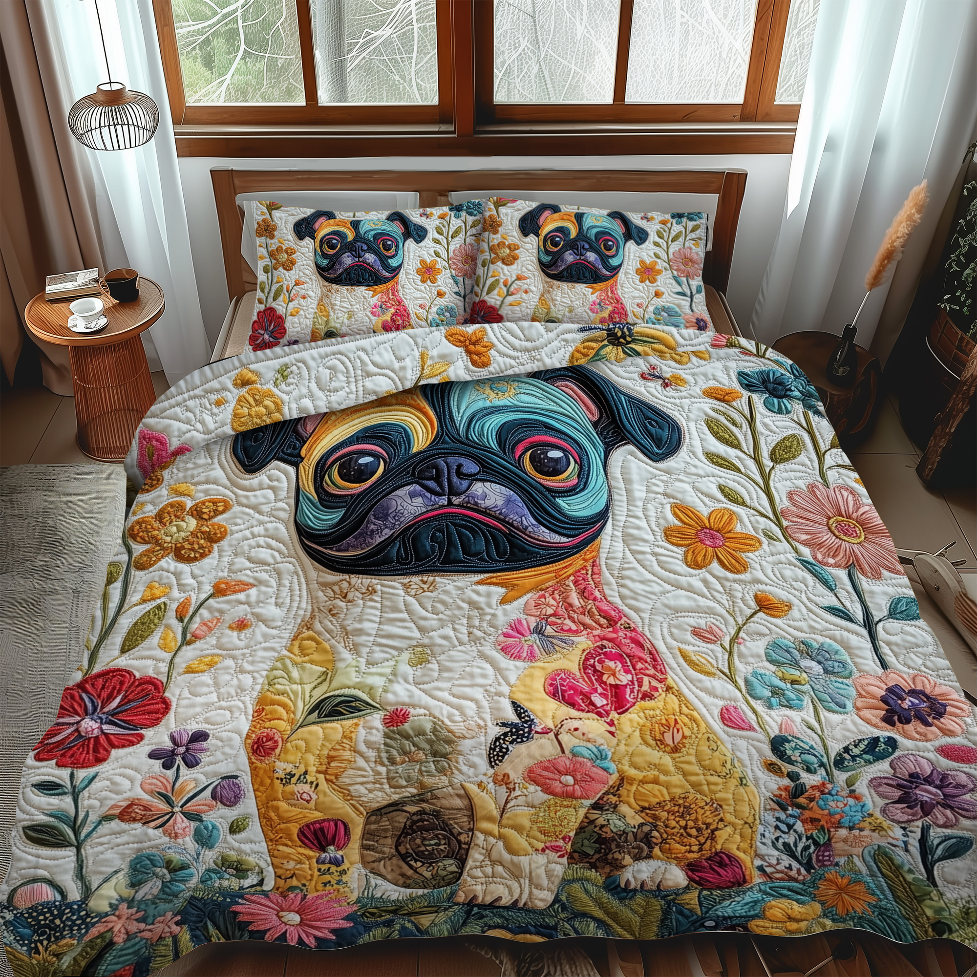 Charming Pug 3-Piece Quilted Bedding Set NCU0VL361